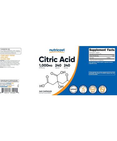 Nutricost Citric Acid 1000mg (1 Gram) 240 Capsules - Gluten-Free & Non-GMO - Buy Online on GoSupps.com