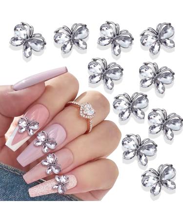 10pcs Shiny Zircon Butterfly Nail Charms 3D Alloy Butterfly Nail Rhinestones Nail Art Charms for Nails DIY Manicure Jewelry Accessories Women Nail Supplies (10pcs-Sliver)