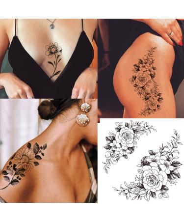 Tazimi 10 Sheets 3D Black Flower Rose Temporary Tattoos For Women  Waterproof Fake Body Art Arm Sketch Tattoo Stickers For Women Girls