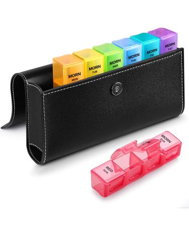Sukuos Weekly Pill Organizer 4 Times a Day with PU Leather Case Large 7 Day Pill Box (Morning Noon Eve Bed) Daily Pill Case for Vitamin/Fish Oil/Supplements