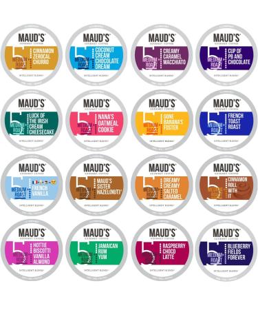 Maud's Super Flavored Coffee Variety Pack, 80ct. Solar Energy Produced Recyclable Single Serve Flavored Coffee Pods Jam-Packed with 16 Flavors - 100% Arabica Coffee California Roasted, KCup Compatible Super Flavored Coffee Pods Variety Pack 80 Count (Pack