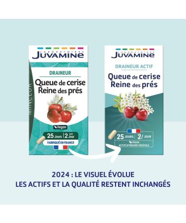 JUVAMINE - Active Drainer - Cherry Tail and Meadowsweet - Promotes Kidney Elimination of Water - 50 capsules of plant origin - Buy Online on GoSupps.com
