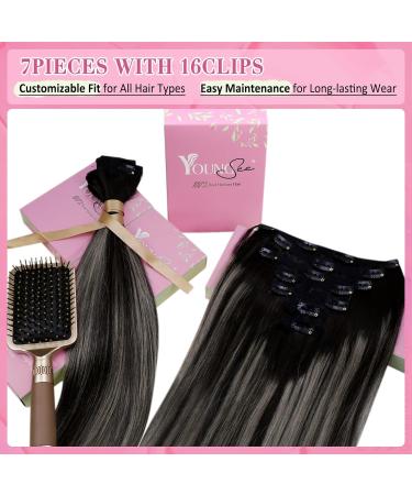 Yongsee Real Hair Clip-In Ombre Extensions 45cm - Black Silver Balayage Remy Hair 120g 7PCs - Buy Online on GoSupps.com