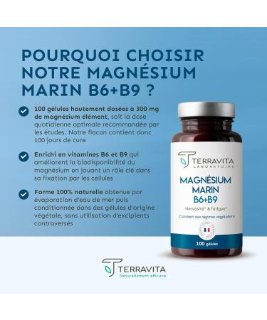 MARINE MAGNESIUM + Vit B6 B9 | 300mg of Magnesium Element per Capsule | 100 Days of Cure | Fights Stress and Fatigue | Improves Sleep | 100 Organic Capsules Made in France | Terravita - Buy Online on GoSupps.com