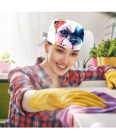 Watercolor French Bulldog Scrub Caps: Bouffant Working Hat with Ponytail Holder 2PCS - Pattern 01 - Buy Online on GoSupps.com