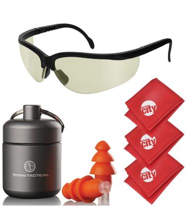 Titan Tactical Eyes + Ear Protection Kit w/ 29NRR Reusable Shooting Ear Plugs + Mil-Spec Tinted Range Ballistic Glasses (for Normal + Small Ear Canals)