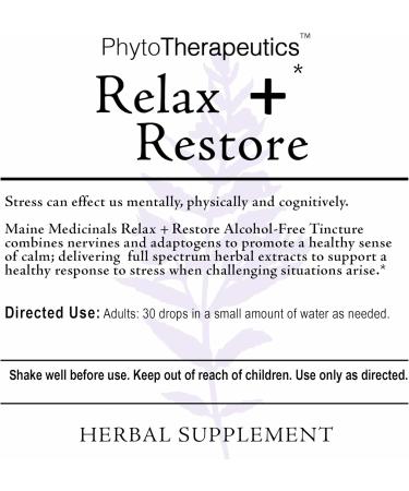 Maine Medicinals Relax + Restore Alcohol-Free Herbal Stress Support- with Nervines and Adaptogens for Healthy Calm* Certified Organic - 2 floz (60 Servings) - Buy Online on GoSupps.com