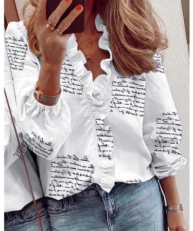 TUNUSKAT White Women's Letter Print Ruffle Tops - V Neck Long Sleeve Blouse - Buy Online on GoSupps.com