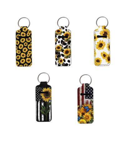 COEQINE 5 Pieces Chapstick Holder Keychain Set for Women Lip Balm Holder Chapstick Keychain Holder for Lipstick Chapstick Lip Balm Print Sunflower American Flag sunflowers