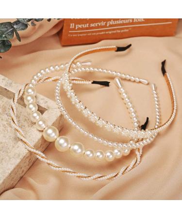 4 Pack Pearls Fashion Headbands,White Artificial Pearl Rhinestones Hairbands,Bridal Hair Hoop Party Wedding Hair Accessories for Women Girls