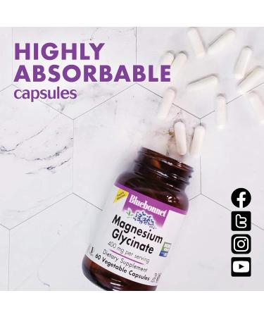 Bluebonnet Magnesium Glycinate 400mg - Maximum Absorption Mineral Complex for Energy & Enzymes - Non-GMO, Soy-Free, Gluten-Free - 120 Veg Caps - Buy Online on GoSupps.com