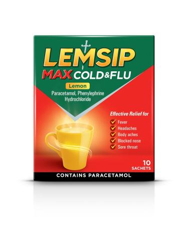 Lemsip Max Cold & Flu Lemon Hot Drink 10 Sachets Contains Paracetamol For Fever Headaches Body Aches Blocked Nose Sore Throat Relief