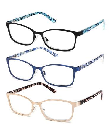 JJWELL 3 Pack Blue Light Blocking Reading Glasses for Women, Stylish Full Frame Metal Womens Computer Readers Glass Anti Blue Ray Reduce Eye Strain Glare, Comfort Spring Hinge Eyeglasses with Pouches Blue Black Gold 2.00 x