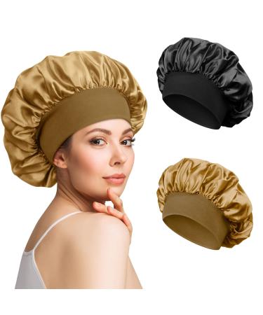 2pcs Satin Bonnet Silk Bonnet for Curly Hair Hair Bonnet Silk Hair Wrap for Sleeping Night Sleep Cap for Women (black gold)