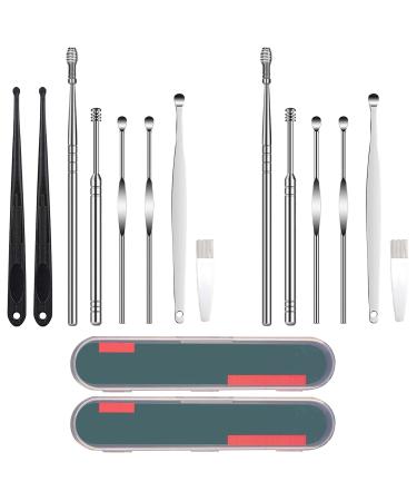 LYJD 2 Set Ear Cleansing Tool Kit  Spring Ear-Wax Cleaner Tool  Ear Picks Curette with Storage Box and Cleaning Brush  for Adults and Kids (1 in 8-Piece and 1 in 6-Piece Set)