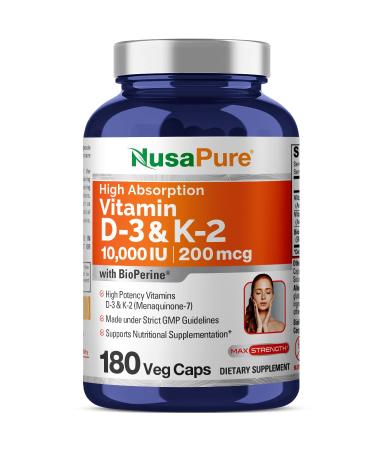NusaPure Vitamin K2 (MK7) (200mcg) + Vitamin D3 (10000 IU) 180 Veg Caps - Bioperine Soyfree Non-GMO