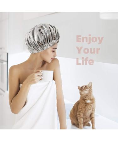 Satin Lined Shower Cap for Women - Large Adjustable Sleep Bonnet with Silky Satin Inner Layer - Waterproof Outer Layer - Special Pattern Printing - White Design - Pack of 1 - Buy Online on GoSupps.com