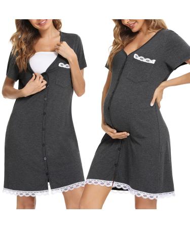 Uniexcosm Maternity Nursing Nightdress Women's Short Sleeve Nightwear Soft Button Down Nightgown Stripe Sleepwear Maternity Pyjamas Nightshirt Dark Grey S - Buy Online on GoSupps.com