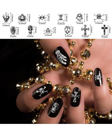 180 Pieces 3D Halloween Nail Art Charms - Skull Cross Ghost Bat Skeleton & Rhinestones - Metal Vintage Alloy Nail Decor for DIY Halloween Nails (Silver - Buy Online on GoSupps.com