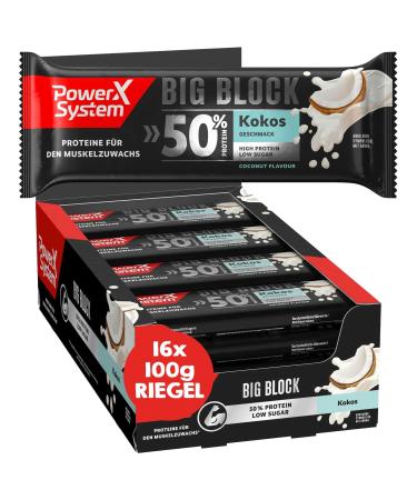 Power System Big Block Kokos 16 x 100g 50% High Protein Bar Low Sugar Eiweißriegel mit je 50g Protein - Buy Online on GoSupps.com