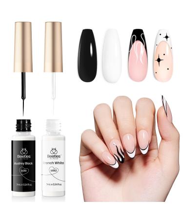 beetles Gel Polish Nail Art Liner Gel Polish Set- 2 Popular Black White Colours Nail Art Polish Gel Art Paint for Swirl Nails Built Thin Brush in Gel Pens UV Soak off Gifts for Girls-CL209