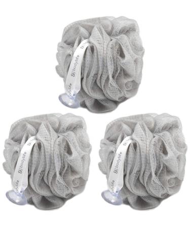 Bodylife Body Buffer Puff Exfoliating Bath & Shower Body Pouf Scrunchie Body Scrubber Grey & White 55g Triple Pack 3 Count (Pack of 1)