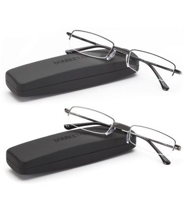 DOUBLETAKE Reading Glasses - 2 Pairs Compact Case Included Semi Rimless Readers 1.75x