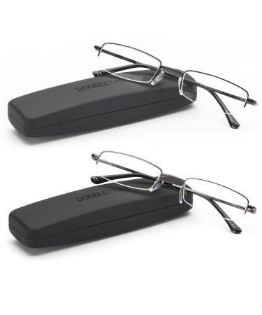 DOUBLETAKE Reading Glasses - 2 Pairs Compact Case Included Semi Rimless Readers 1.75x