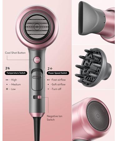 Hair Dryer 1875 Watt Ionic Hair Dryer Hair Dryer with Diffuser and Concentrator for Home Travel and Salon (Rose Pink) Black rose - Buy Online on GoSupps.com