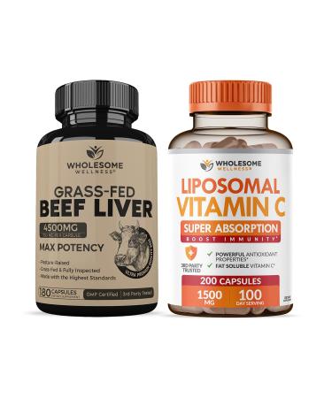 Grass Fed Desiccated Beef Liver Capsules (180 Pills 750mg Each) + Liposomal Vitamin C Capsules (200 Pills 1500mg Buffered) High Absorption VIT C Bundle