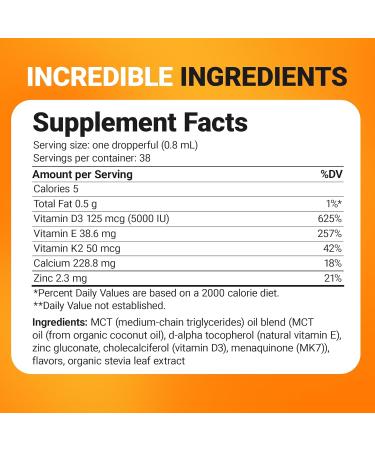 Dr. Berg Vitamin D3 K2 Zinc MCT Oil Liquid Supplement | Bone Teeth Strength Mood Immune Heart Health | 1 fl oz - Buy Online on GoSupps.com