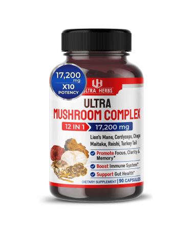 Ultra Mushroom Complex Lion's Mane 4000mg Cordyceps 2000mg Maitake 2000mg - Brain Energy Focus Pills with Reishi Chaga Turkey Tai Enoki Shiitake Mushroom (90 Count (Pack of 1))