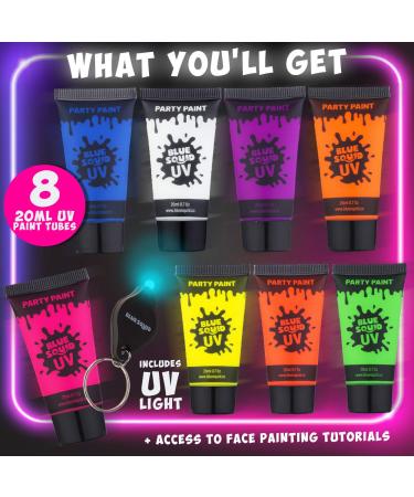Blue Squid UV Face & Body Paint Set - 8 Large 0.68 fl oz Neon Paints + Bonus UV Flashlight - Buy Online on GoSupps.com