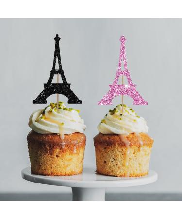 Eiffel Tower Cupcake Toppers Wedding Party Decor Bridal Shower Dessert Cupcake Toppers Paris Themed Birthday Party Decoration - Pink & Black Glitter - Buy Online on GoSupps.com