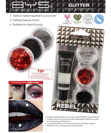 Buy BYS Glitter Face and Body Kit Rebel Instant Sparkle with 3 Assorted Glitters & Fix Primer for Stunning Looks International Shipping - Buy Online on GoSupps.com