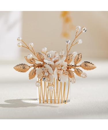 AW BRIDAL Ceramic Flower Wedding Hair Accessories for Brides Wedding Hair Combs Gold Bridal Hair Pieces for Women Girls Gold-A