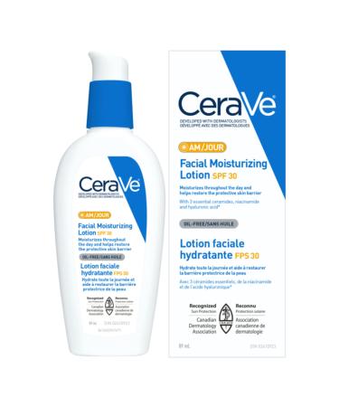 CeraVe Facial Moisturizer with SPF 30. Face Sunscreen Lotion with Hyaluronic Acid Niacinamide & Ceramides for Women & Men. Oil-free normal to dry skin. Verified Extended Use Date Travel Size 89ML Face lotion