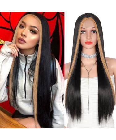Kalyss 26 "Long especially synthetic edge lace front wig for women black with frontal brown strips middle parting with dark roots natural looking ladies frontal lace hair wig black with frontal brown stripes