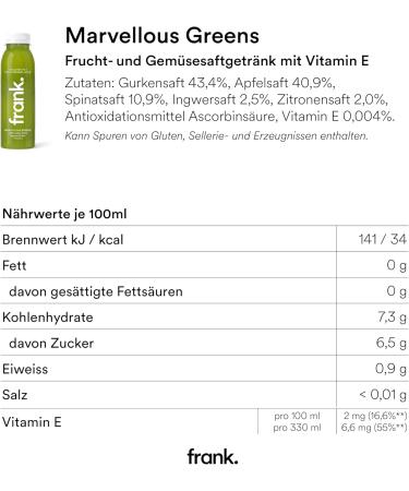  Frank Juice FRANK JUICE MARVELLOUS GREENS Cold-pressed vegan juice 12 x 330 ml Made with fruit and vegetable juice including apple cucumber spinach ginger and lemon with a disposable booklet 3 - Buy Online on GoSupps.com