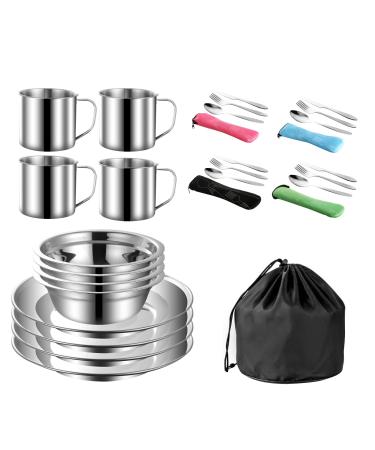 29pcs Outdoor Camping Mess Kit, Stainless Steel Tableware Mess Kit Includes Plate Bowl Cup Spoon Fork Knife in Mesh Bags for Camping Backpacking & Hiking for 4 Person