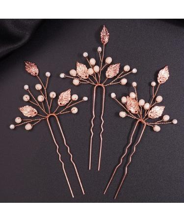 Teyglen Bride Leaf Hair Pins Wedding Rose Gold Leaves Beads Hair Pins Set Hair Clip Bridal Hair pieces Vintage Headpieces Hair Accessories for Women Girls