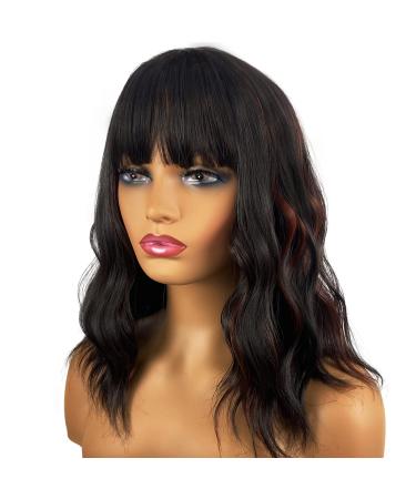 MIMISERVICE Wavy Bob Wigs with Bangs Black with Brown Highlights Short Wavy Wigs for Women Shoulder Length Curly Wigs Natural Looking Synthetic Hair Wigs Mix Color 14 Inch