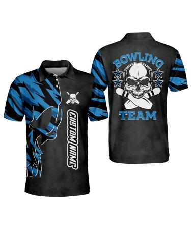 LASFOUR Custom Skull Bowling Team Polo Shirts, Bowling Polo Shirts Short Sleeve, Custom Bowling Shirts with Name Blue Skull