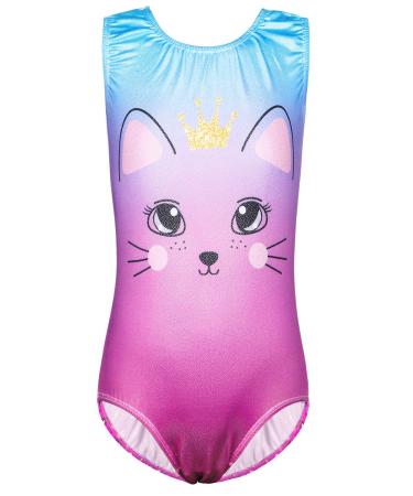 BAOHULU Girls Gymnastics Leotards Sparkle Print Athletic Clothes One Piece Dance Outfit 5-6 Years Pink Cat