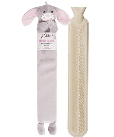 Extra Long Hot Water Bottle Super Soft Novelty Plush Cover Natural Rubber 2L Capacity 72cm Long Perfect for Pain Relief on Aches or Injuries (Rabbit) Rabbit - Grey