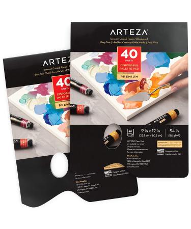 Arteza Disposable Palette Paper Pad, 9x12 Inch, Pack of 2, 80 White Sheets, 54 lb, Glue-Bound, Bleed-Proof Paint Palette with Thumb Hole, for Oil Paint, Acrylics, Watercolors & Gouache