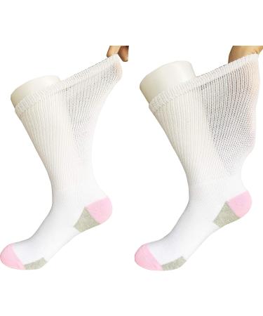 Women's Non-Binding Diabetic Socks - Wide Top, Loose Fitting, 4 Pairs White/Pink - Ideal for Diabetes, Edema, Medical, Hospital, Thick Ankle, Crew, Casual Dress Sox - Buy Online on GoSupps.com