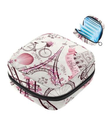 Menstruation pad bag with zipper women's napkin bag tampons collection bags for women and girls (Paris Eiffel Tower pink retro love bike hot balloon)