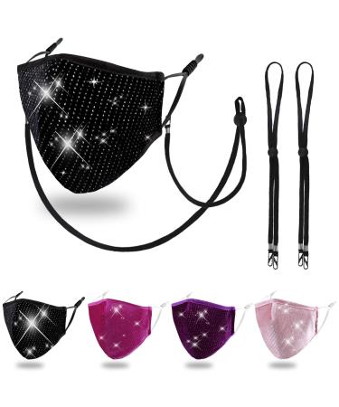 Reusable Cloth Face Mask Women Female Lady, Washable Fashion Velvet Fabric Madks Mouth Cover, Glitter Rhinestone Sequin Bling Diamond Bedazzled Sparkle Purple Pink Black Peach Bling Bling Normal Size