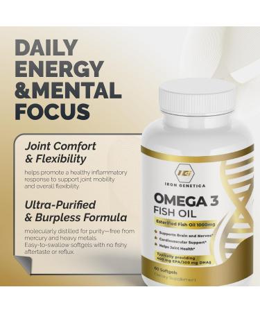 Iron Genetica Omega 3 Fish Oil High Potency EPA 400mg & DHA 300mg | Supports Heart Brain & Joint Health | Fish Oil 1000mg Capsules | Omega 3 Supplement | 60 softgels for Men & Women - Buy Online on GoSupps.com